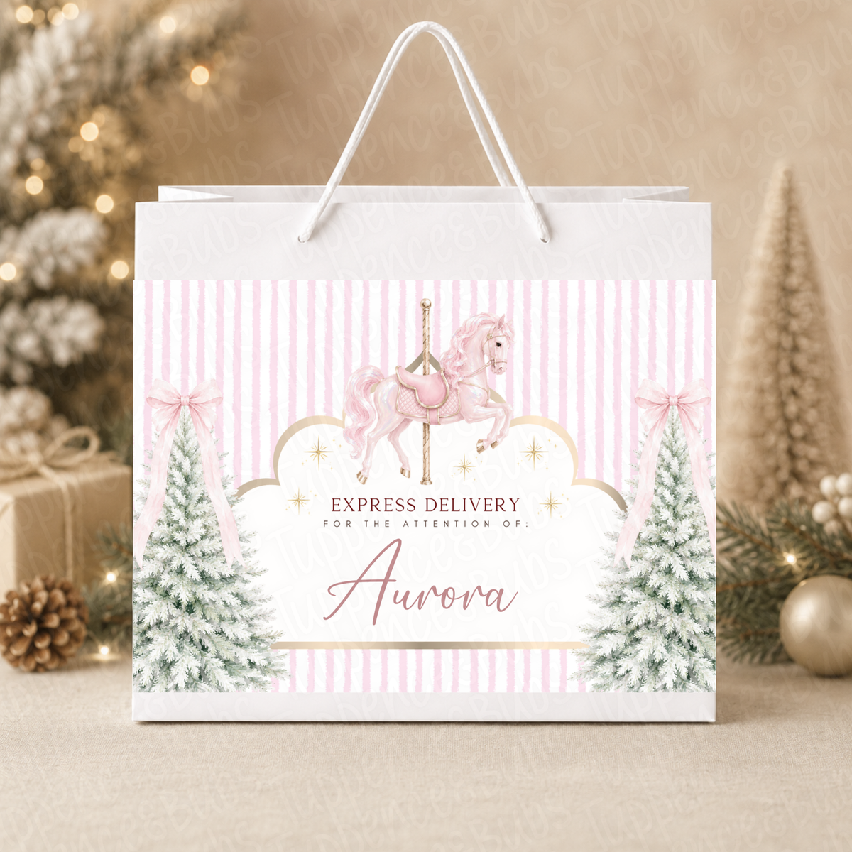 Personalised 30cm Pink Carousel Christmas Gift Bag
