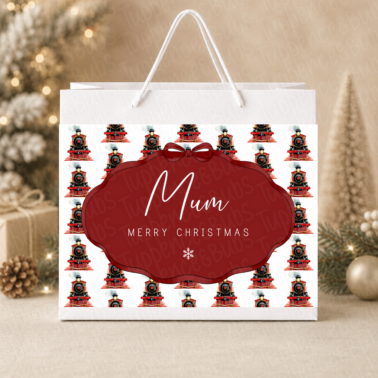 Personalised 30cm Red Navy or Pink Christmas Train Gift Bag