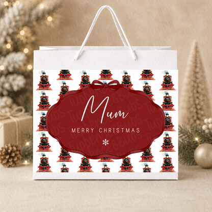 Personalised 30cm Red Navy or Pink Christmas Train Gift Bag