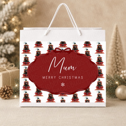 Personalised 30cm Red Navy or Pink Christmas Train Gift Bag