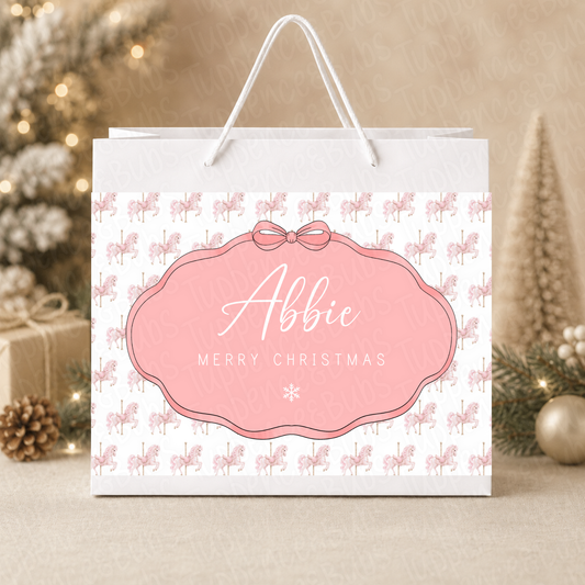 Personalised 30cm Pink Carousel Horse Christmas Gift Bag
