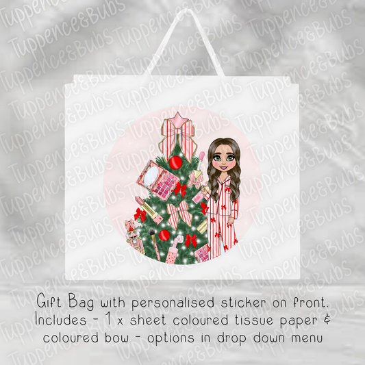 Pink Stripe PJ's Red Bow Gift Bag - Christmas - 2 sizes