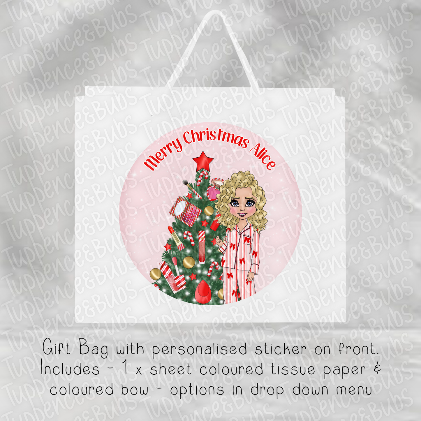 Red Bow, Pink Striped Christmas Gift Bag