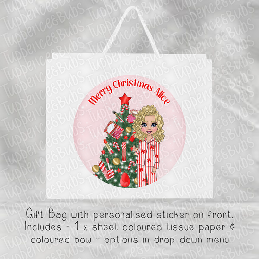 Red Bow, Pink Striped Christmas Gift Bag