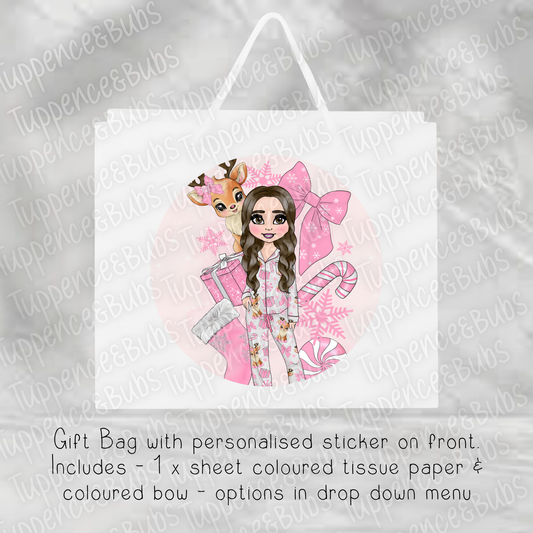 Pink Reindeer Themed Gift Bag - 2 Sizes