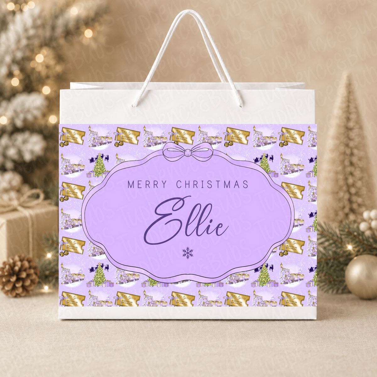 Personalised Lilac Christmas Train Believe Gift Bag