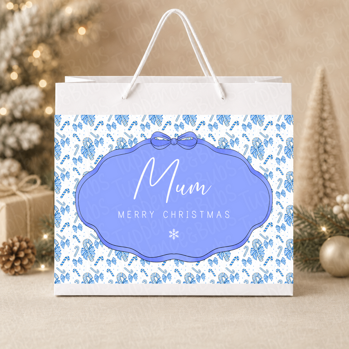 Personalised Blue Candy Cane Christmas Gift Bag