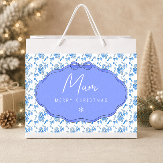 Personalised Blue Candy Cane Christmas Gift Bag