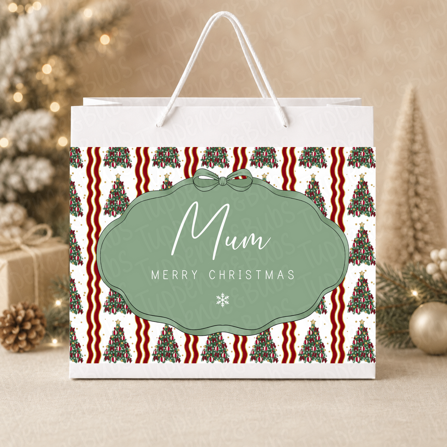 Personalised Red Green Gold Christmas Tree Gift Bag
