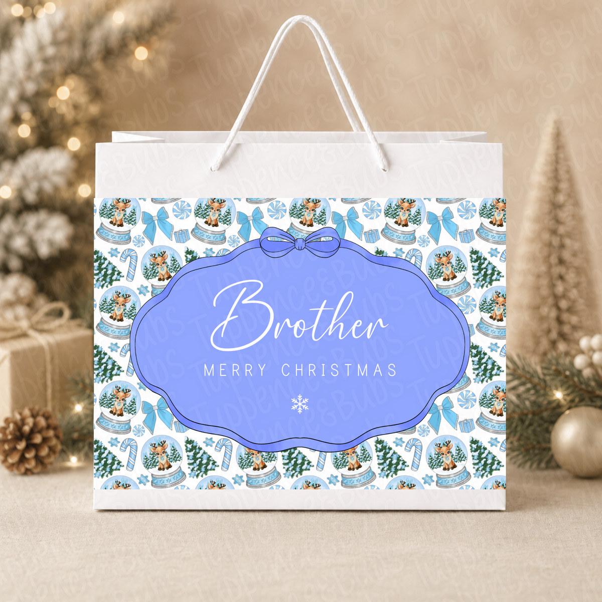 Personalised Blue Reindeer Snow Globe Christmas Gift Bag