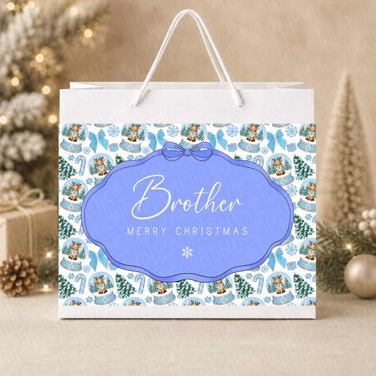 Personalised Blue Reindeer Snow Globe Christmas Gift Bag
