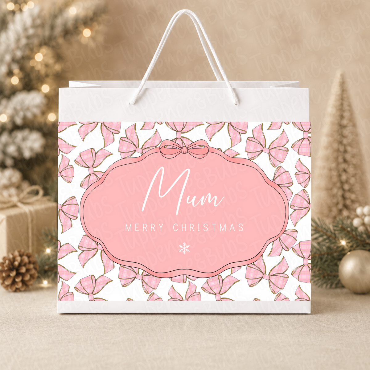 Personalised Pink Tartan Bow Christmas Gift Bag