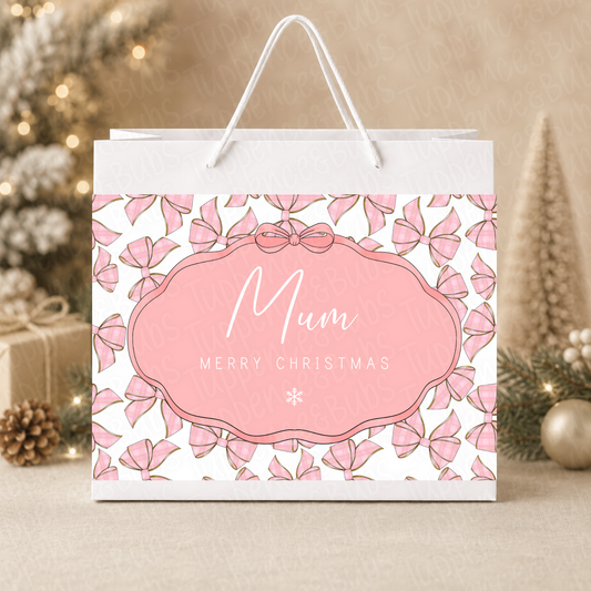 Personalised Pink Tartan Bow Christmas Gift Bag