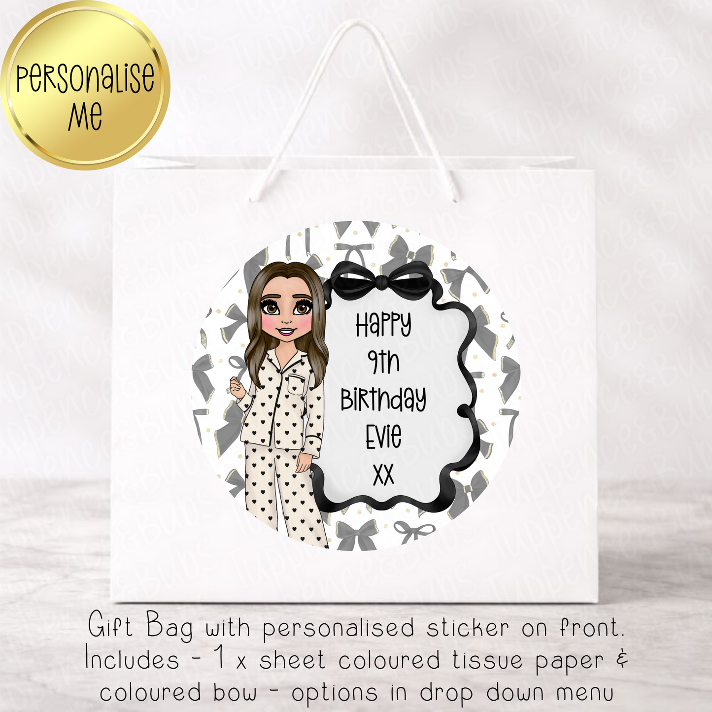 Cream & Black Bow Dolly Themed Gift Bag