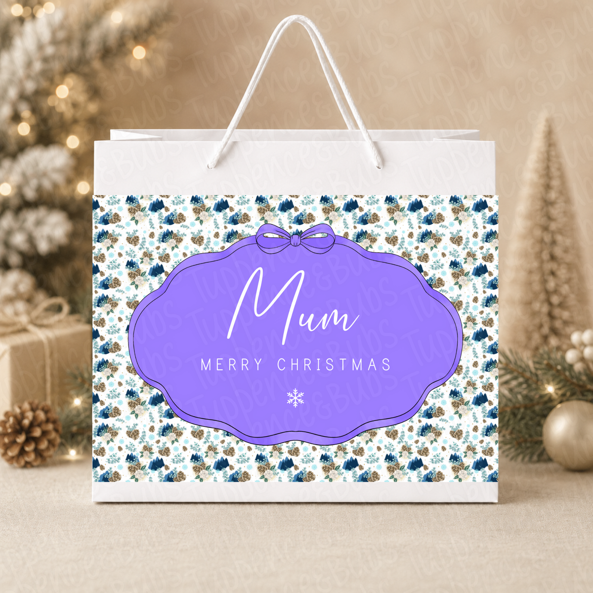 Personalised Blue Winter Floral Christmas Gift Bag