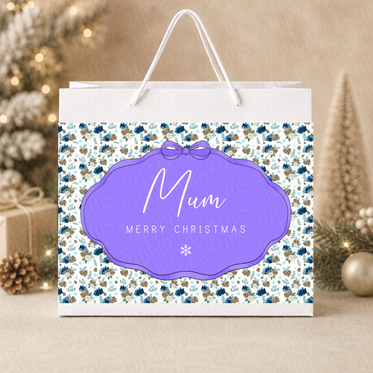 Personalised Blue Winter Floral Christmas Gift Bag