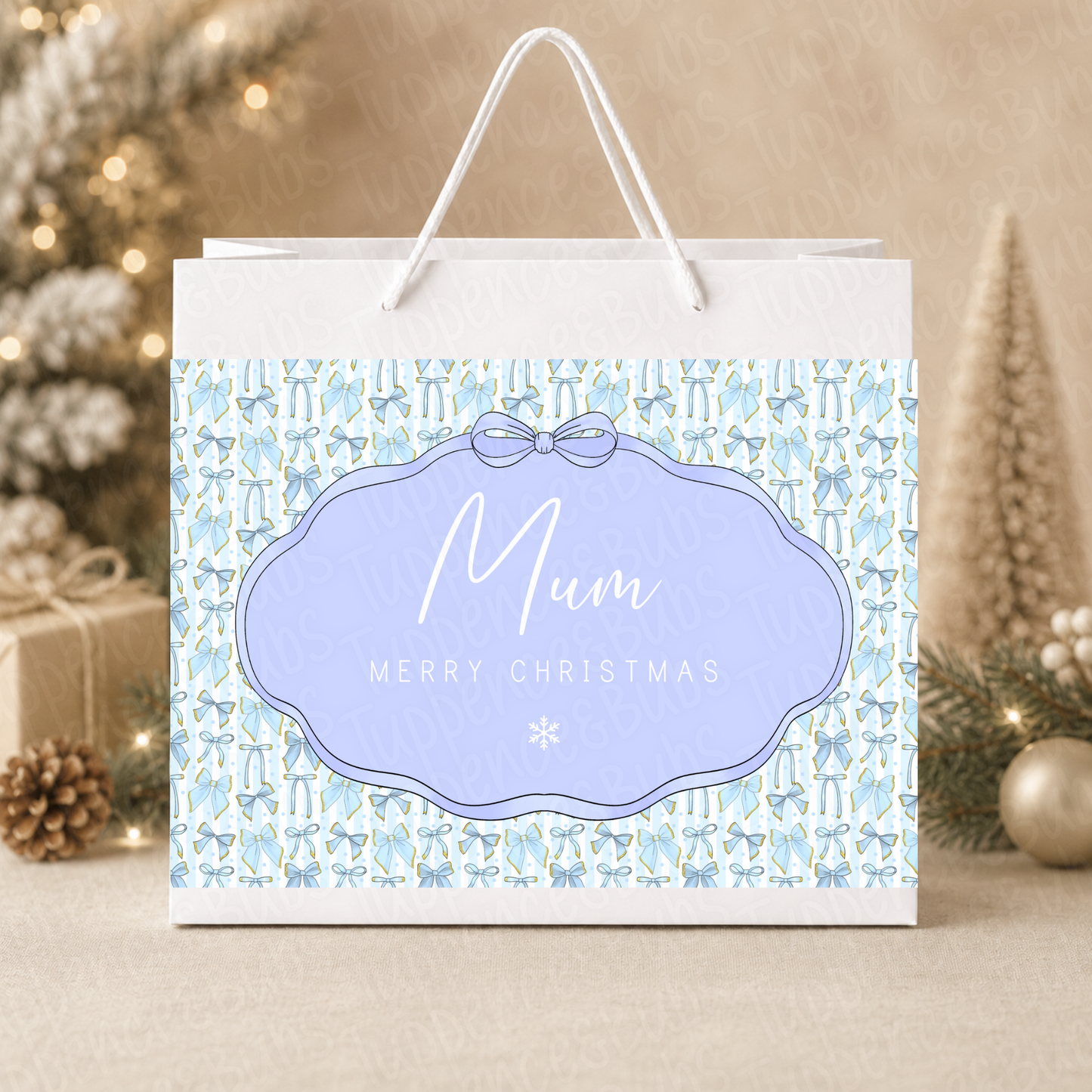 Personalised Blue Bow Christmas Gift Bag