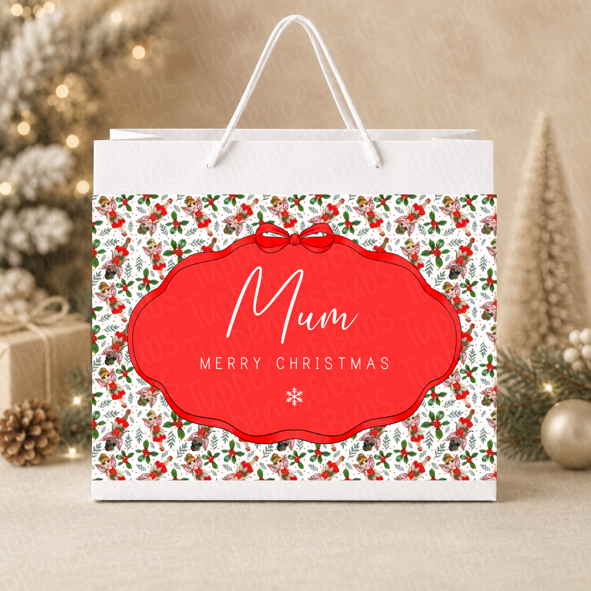 Personalised Red Holly Christmas Gift Bag