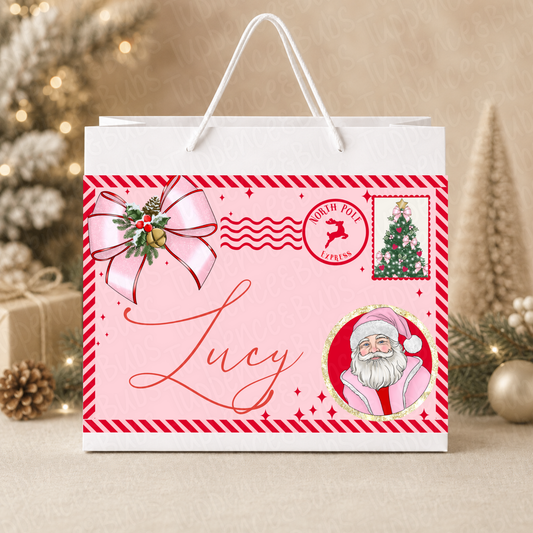 Pink Santa North Pole Express Personalised Christmas Gift Bag