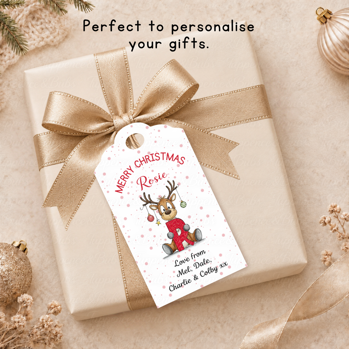 Personalised Reindeer Initial Christmas Gift Tags – Pack of 6