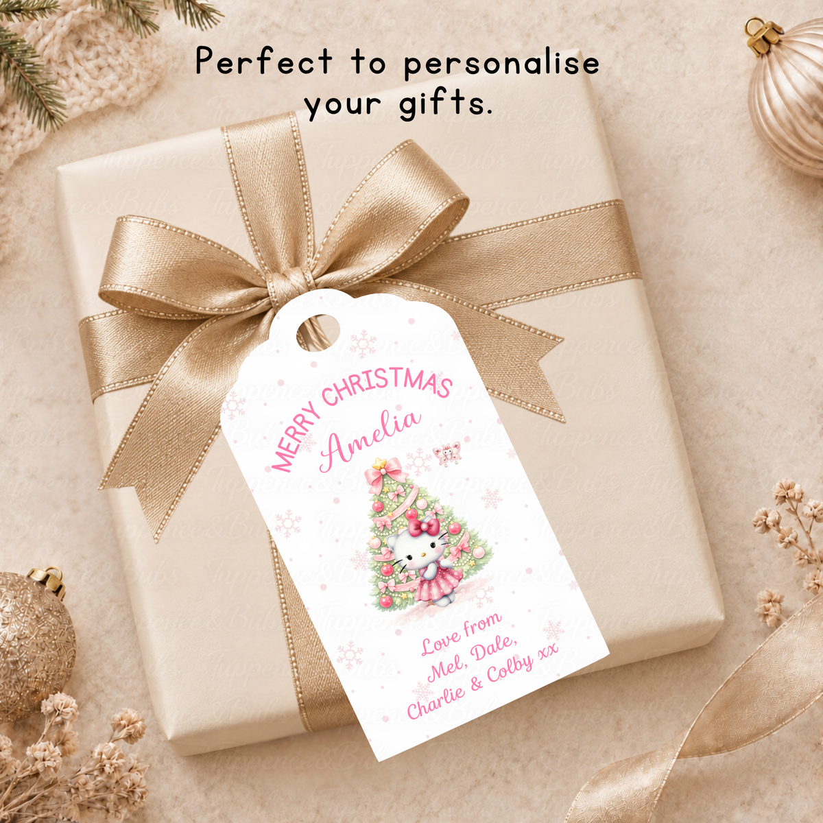 Personalised Hello Kitty Christmas Gift Tags – Pink Tree & Bows