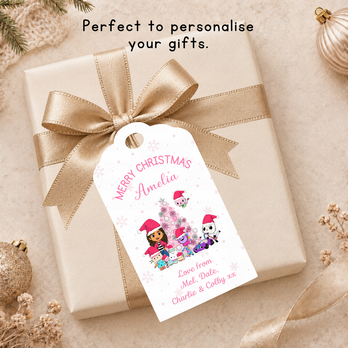 Personalised Gabby's Dollhouse Christmas Gift Tags – Pink Design