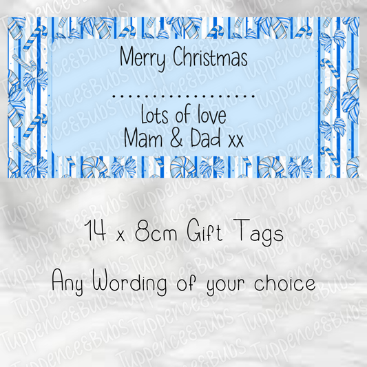 Blue Bow Striped Candy Cane Gift Labels - Rectangle