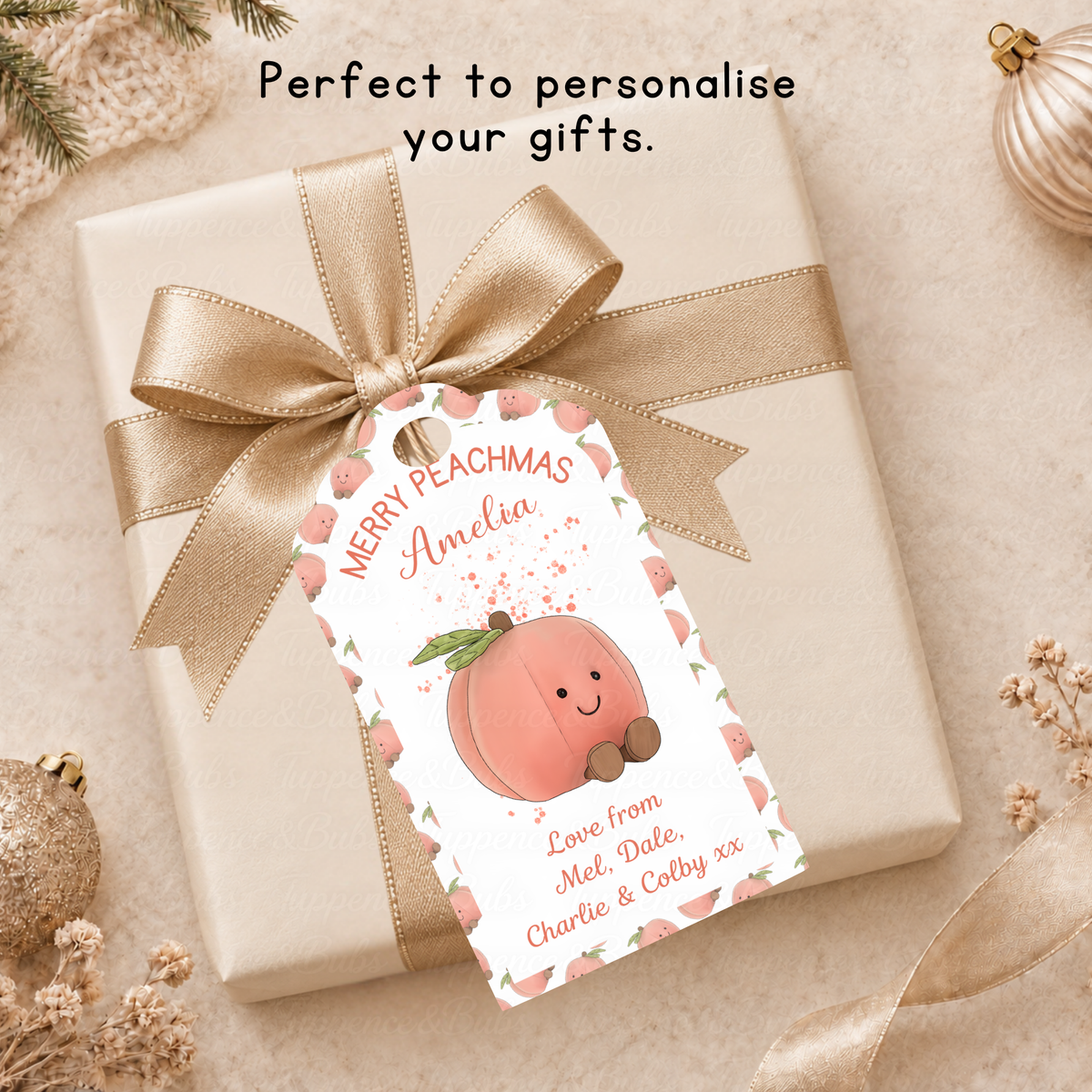 Personalised Merry Peachmas Christmas Gift Tags – Pack of 6