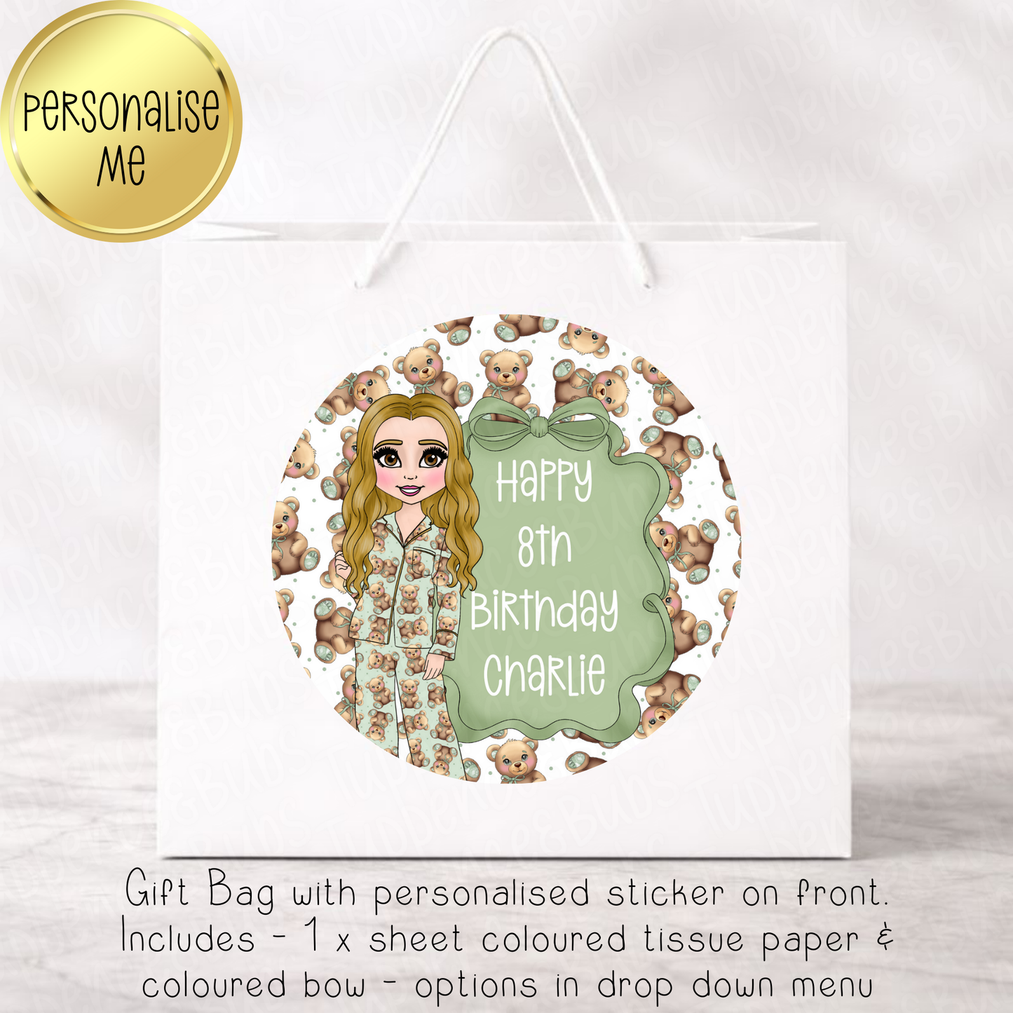 Sage Green PJ Dolly Themed Gift Bag