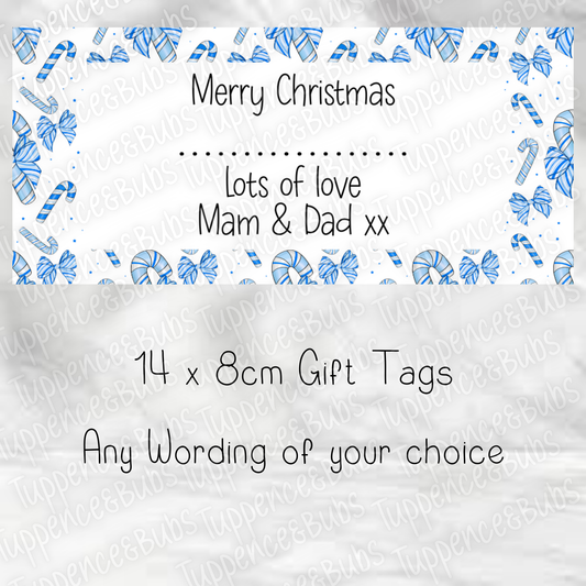 Blue Bow Striped Candy Cane Gift Labels - Rectangle