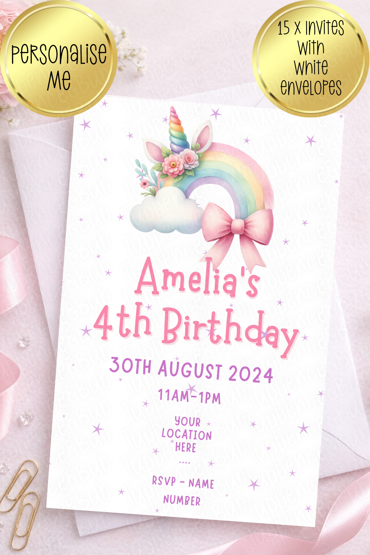 15 x Pastel Rainbow Themed Invitations