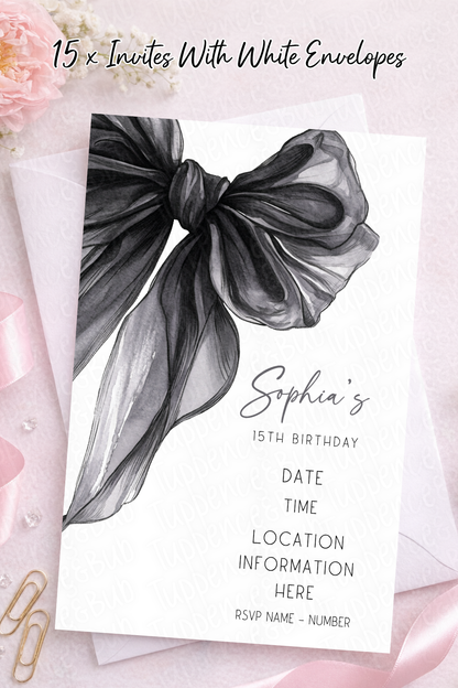 15 x Black Bow Themed Invitations