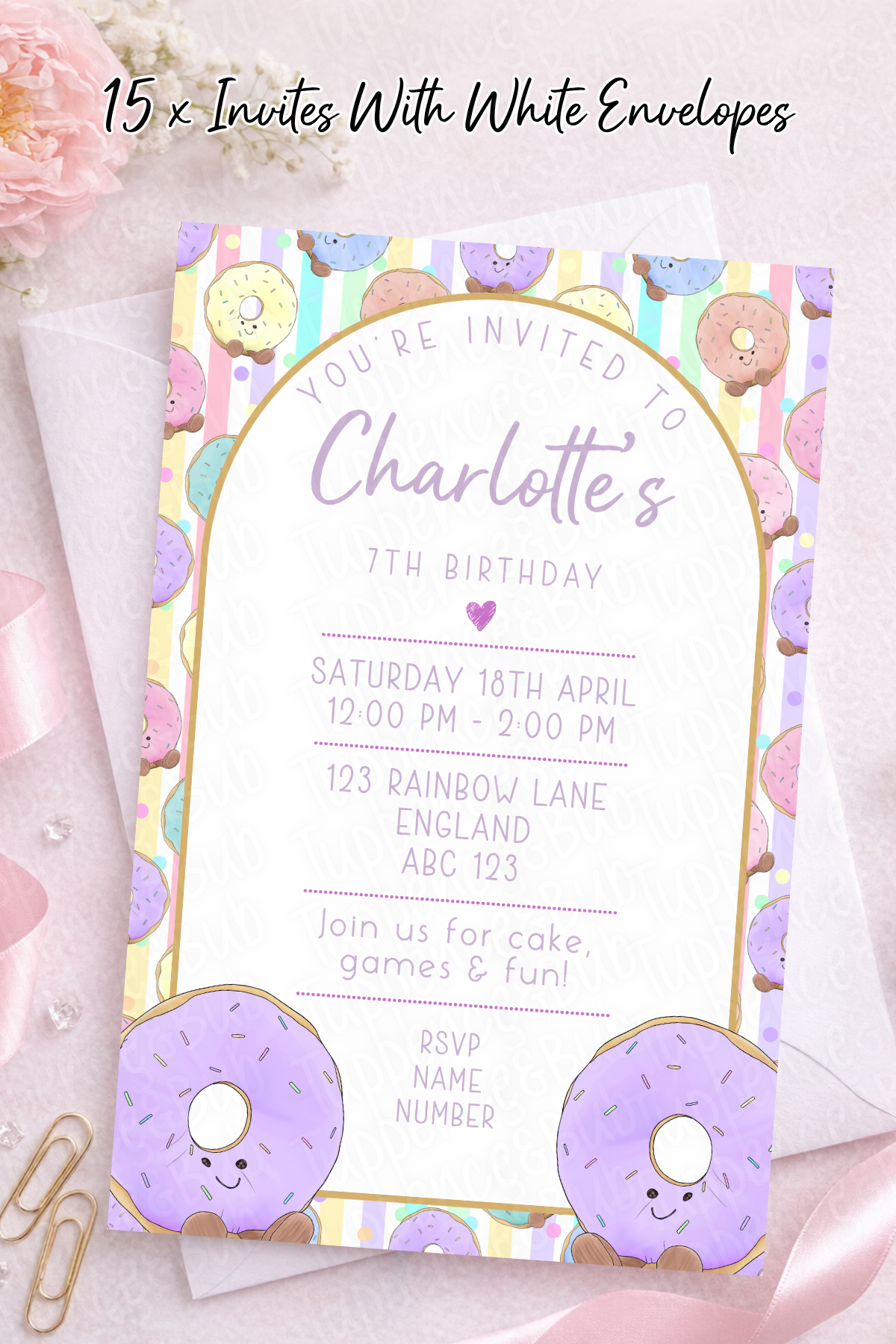 15 x Purple Doughnut Themed Invitations