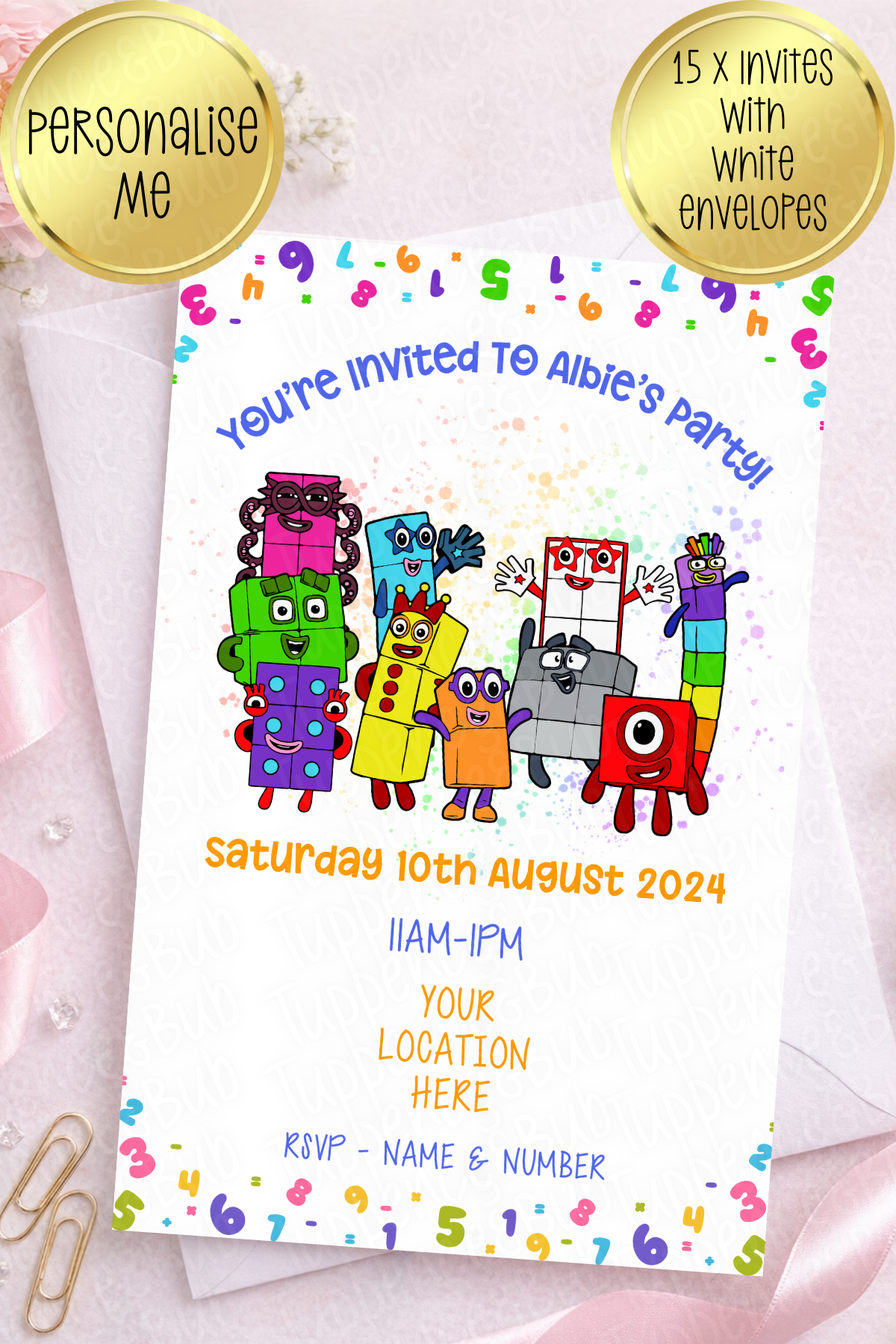 15 x Number Block Inspired Invitations