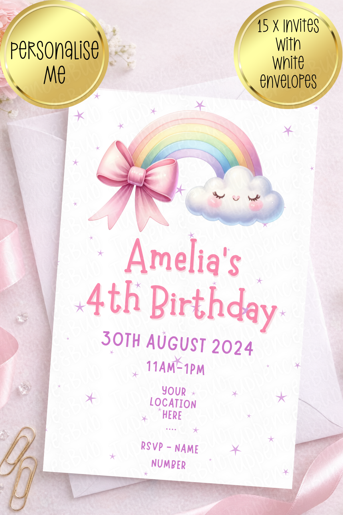 15 x Pastel Rainbow Themed Invitations