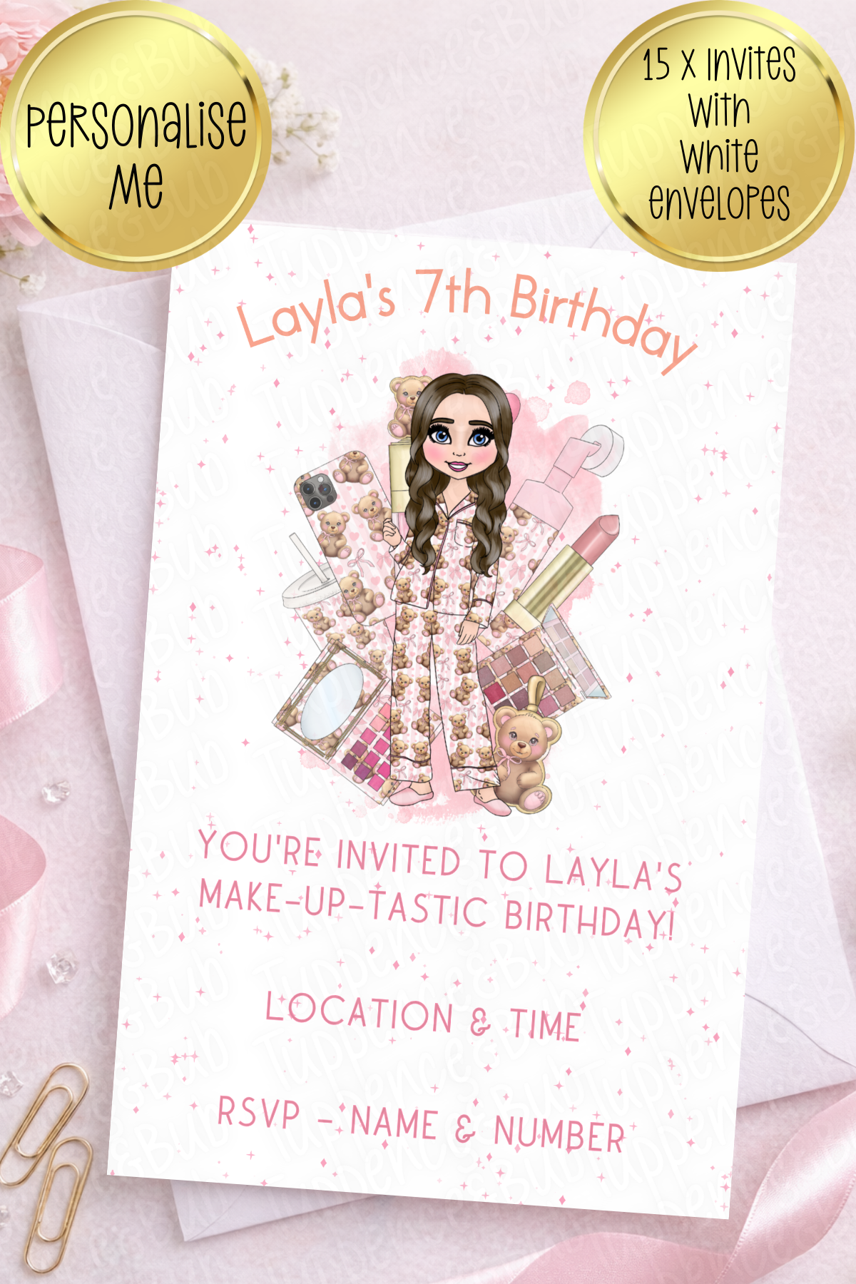 15 x Pink Bear PJ Themed Invitations