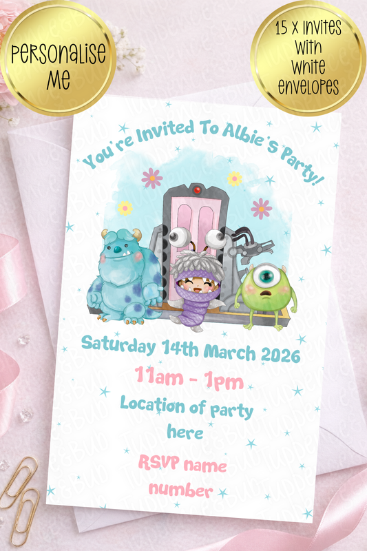 15 x Monster Inc Themed Invitations