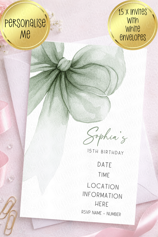 Sage Green Bow Themed Invitations
