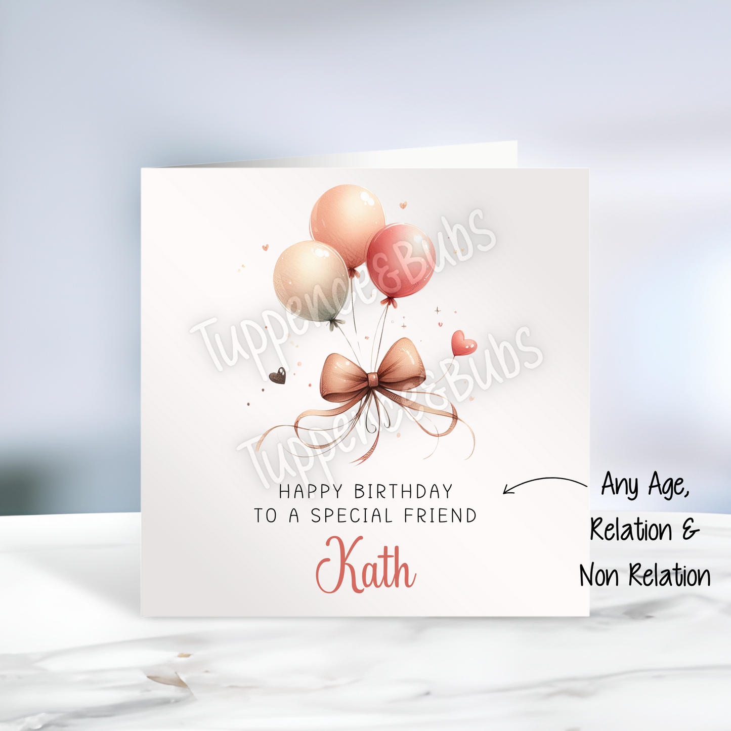 Rose Gold, Blush Balloons & Bow Birthday Card