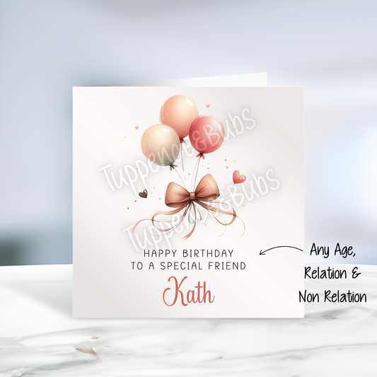 Rose Gold, Blush Balloons & Bow Birthday Card