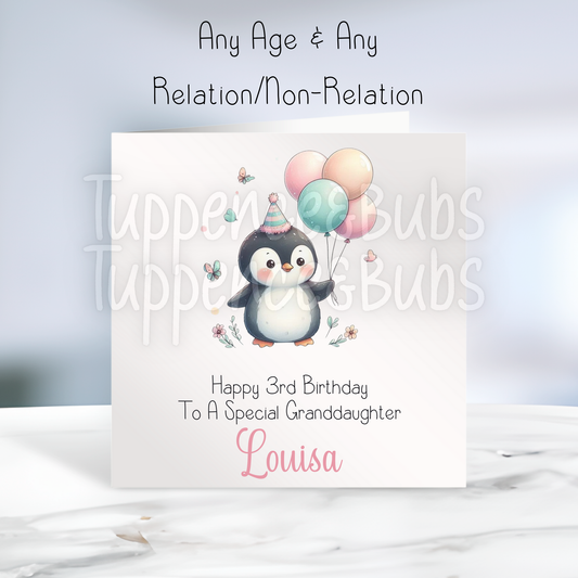 Penguin Holding Balloons Birthday Card