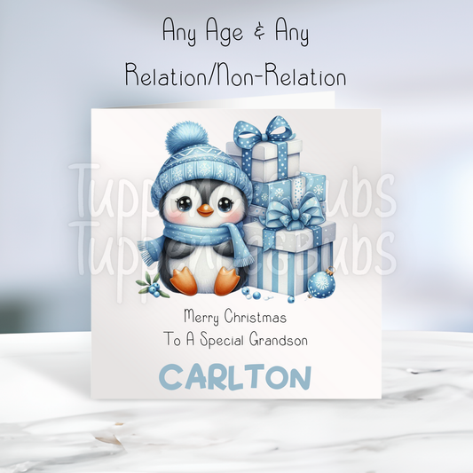 Cute Blue Themed Penguin Christmas Card