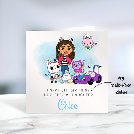 Gabby Dollhouse Inspired Birthday Card - Blue