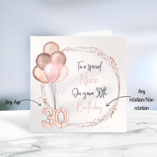 Rose Gold Balloon Birthday Card - Any Age - Rose Gold Bow Attached