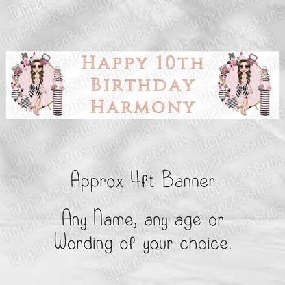 Pink & Black Bow Make Up Inspired Birthday Banner - 2 Designs