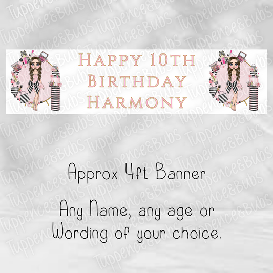 Pink & Black Bow Make Up Inspired Birthday Banner - 2 Designs
