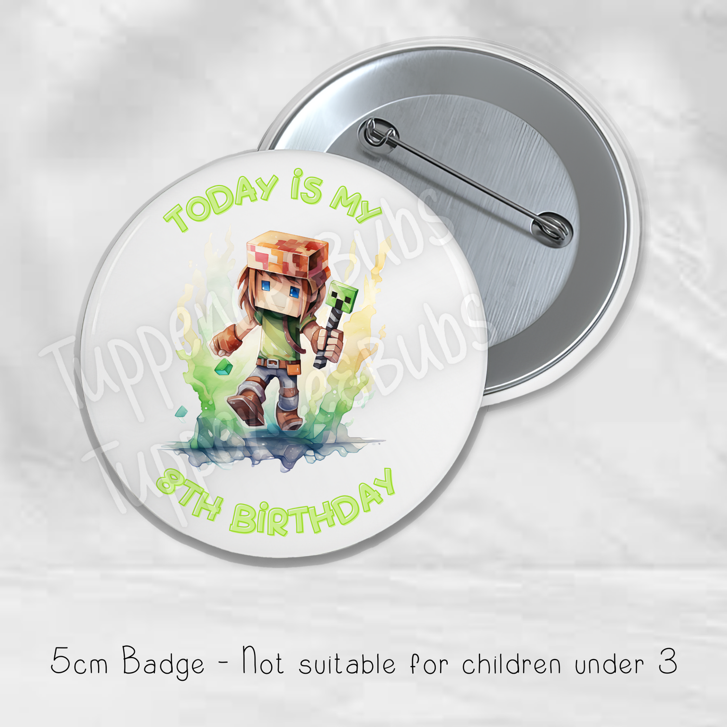Pixel Minecraft Inspired Badge - Any Age - 5.8cm