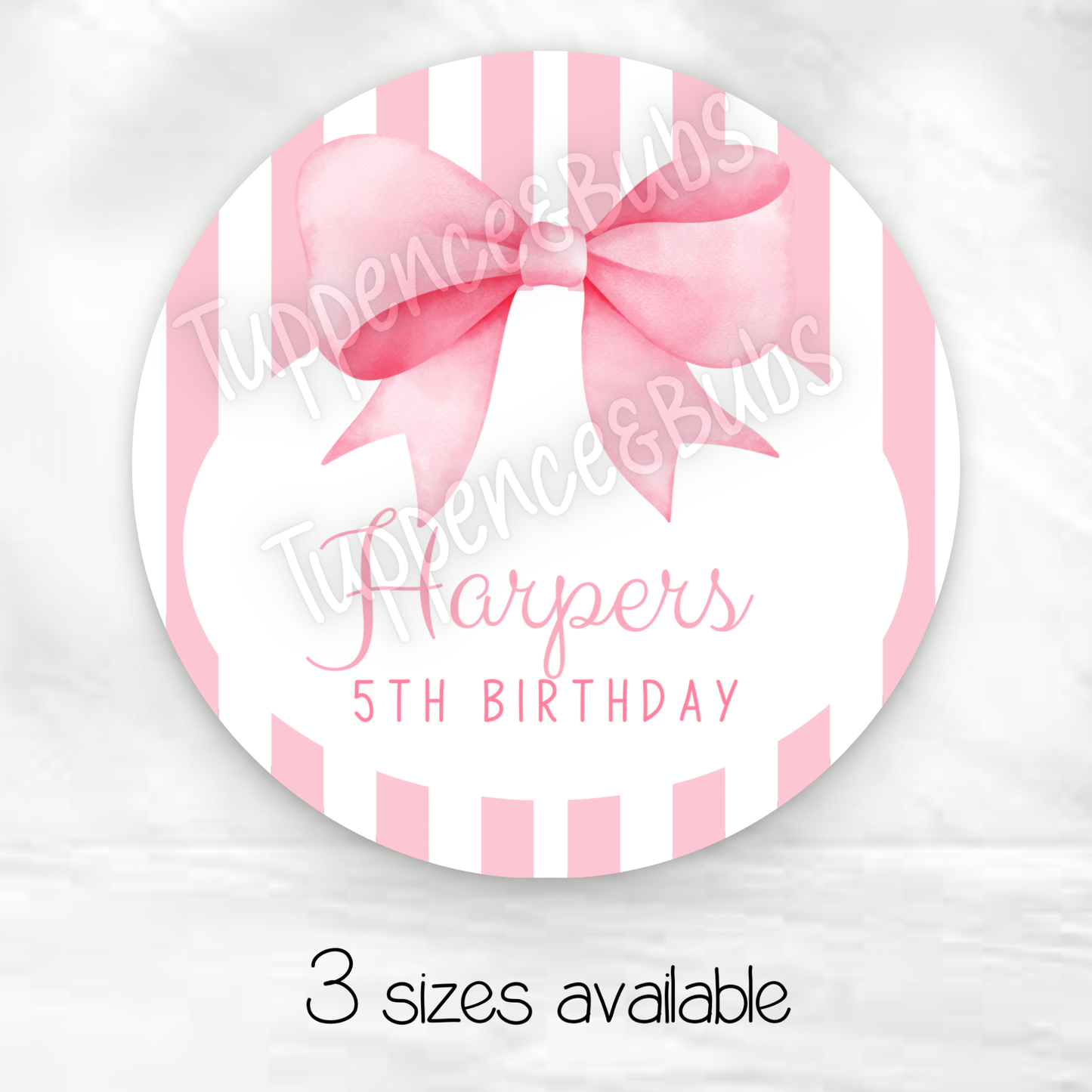 Pink & White Striped Sticker - Any Occasion - Any Name - Any Age