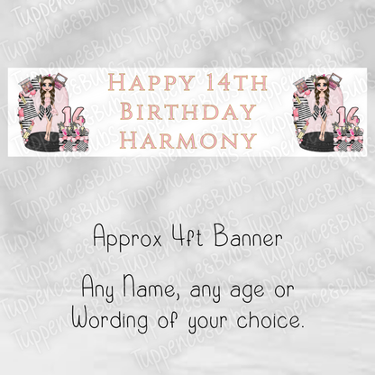 Pink & Black Bow Make Up Inspired Birthday Banner - 2 Designs