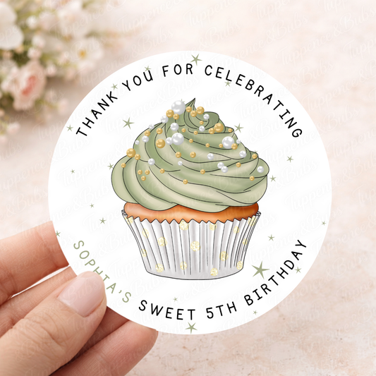 Personalised Sage Green Cupcake Stickers – Birthday Party Labels & Favours